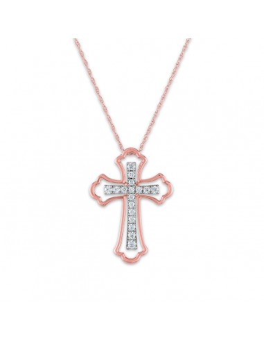 10KT White and Rose Gold 1/4 CTW Diamond 24X17MM 18-inch Cross Pendant Les magasins à Paris